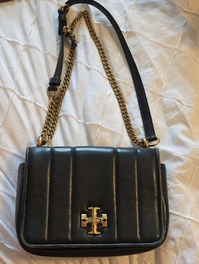 Tory Burch Kira Chain Black Quilted Shoulder or Crossbody with Gold Logo Chain